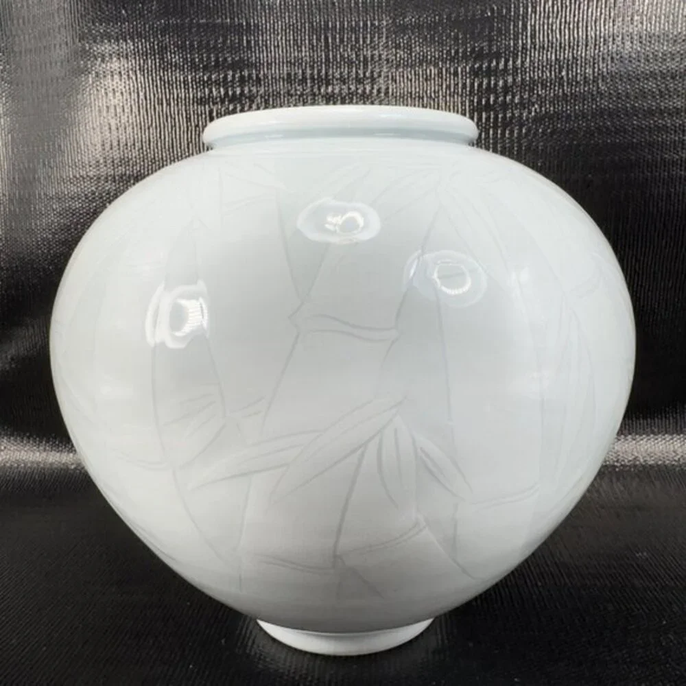 Celadon Pottery Vessel Vase With Bamboo‎ Pattern Light Green Artist Signed Vase